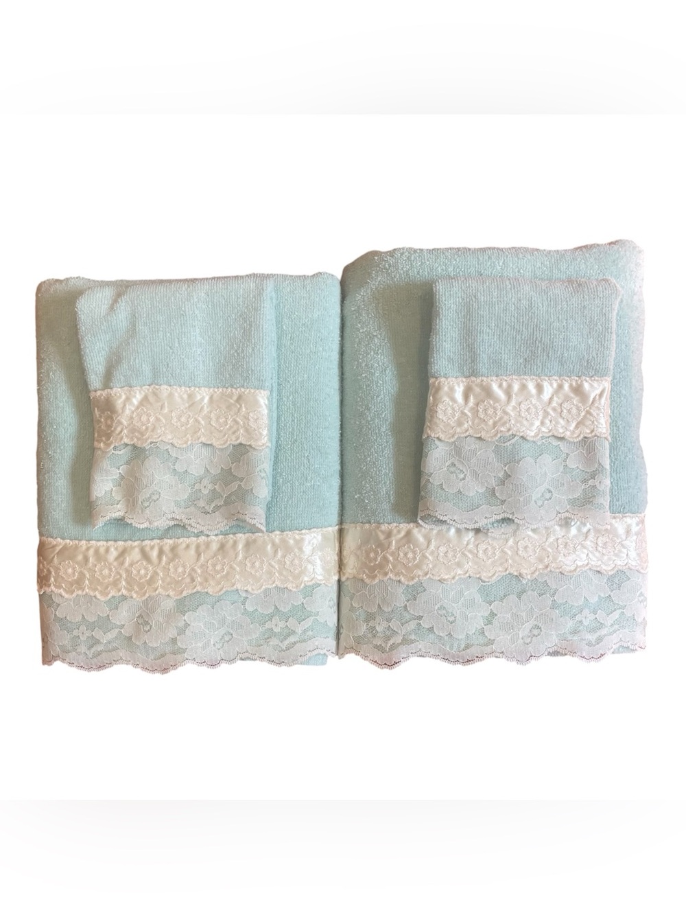 Vtg Lace Trim Bath Towel Set Seafoam Mint Cottagecore Bathroom Linens USA Made